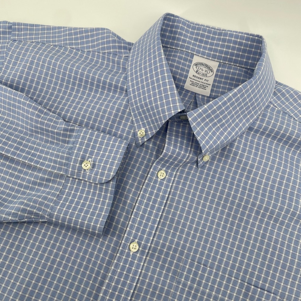 Brooks Brothers Dress Shirt Mens 17.5 35 Blue Regent Fit Non-Iron Supima Cotton